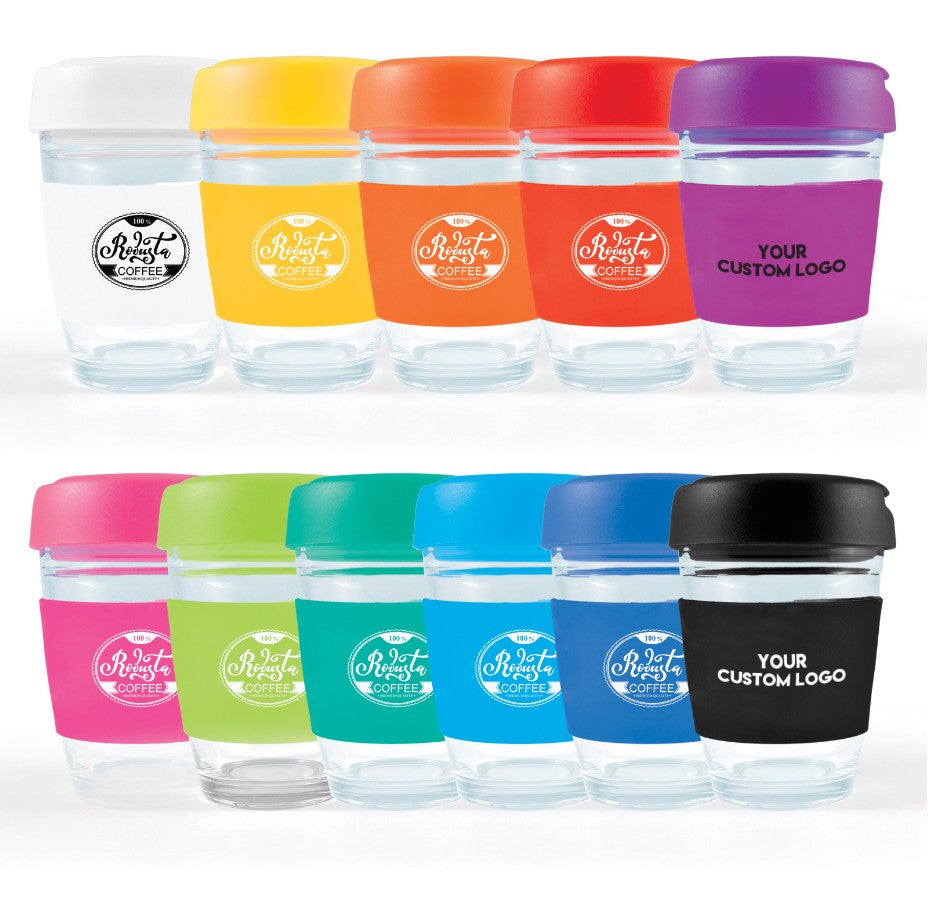 320ml Glass Reusable Promo Cups Hard Lids