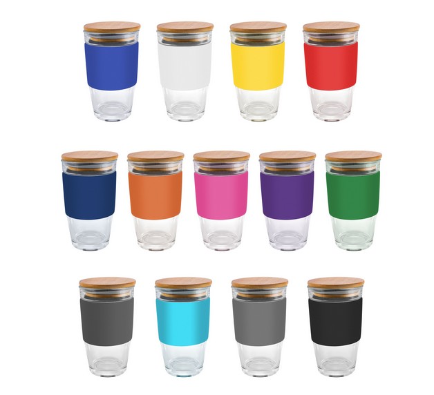 475ml Bamboo Lid Glass Cups Logo Decorated All Colours